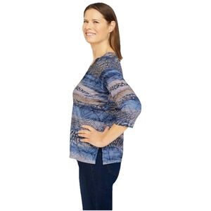 Alfred Dunner Women's Petite Animal Biadere Burnout Knit Top Navy Tan Size PL NW